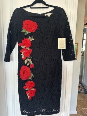 Boston Proper Black Lace Midi Dress with Red Rose Appliqué
